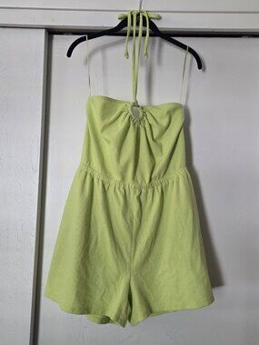 Old Navy L O-Ring Halter Top Romper Shorts Neon Green Lime Textured Cotton Blend